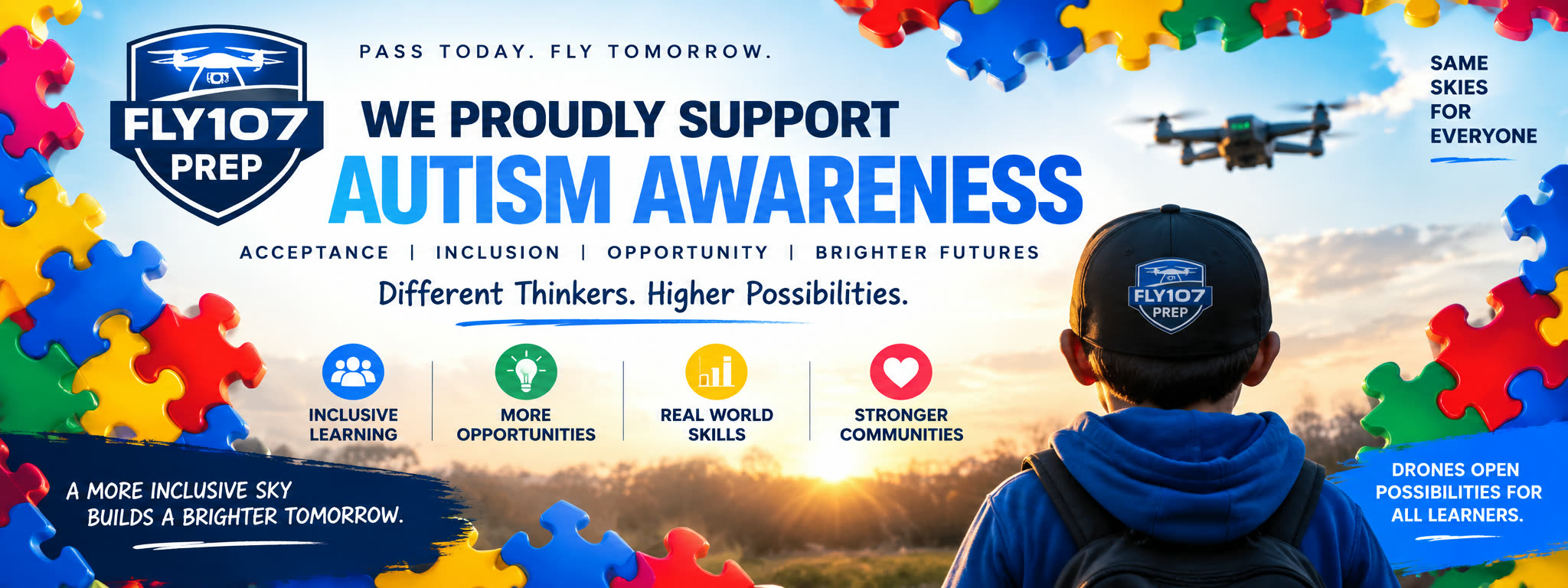 Fly107Prep proudly supports autism awareness, acceptance, and inclusion. We believe aviation and drone technology should be accessible to learners of all abilities.